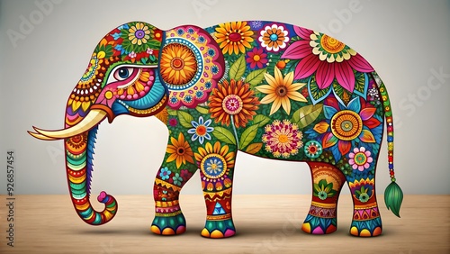 Indian elephant adorned with colorful floral patterns, Indian, elephant, floral, pattern, abstract, art, print, colorful