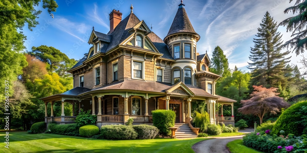 Victorian house with a turret surrounded by lush greenery, Victorian, house, turret, architecture, historical Victorian house with a turret surrounded by lush greenery, Victorian, house, turret, architecture, historical