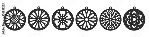 Set of 6 circle vector designs with flower for earrings, pendant or keychain. Jewelry silhouette laser cut template. Cnc cutting with metal, wood or leather. Floral hanging bijouterie
