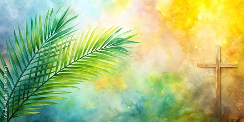 of Palm Sunday concept with generative watercolor background, Palm Sunday, Christian, religion, Jesus, Bible, tradition