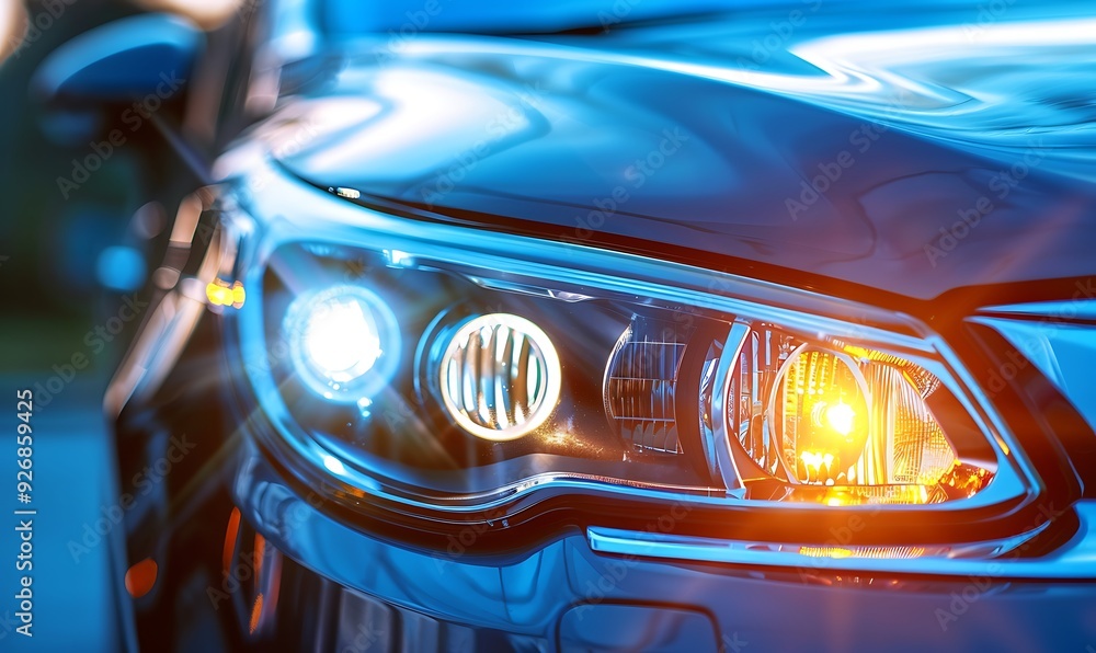 Close-up of headlight of a modern car. Selective focus Close-up of headlight of a modern car. Selective focus