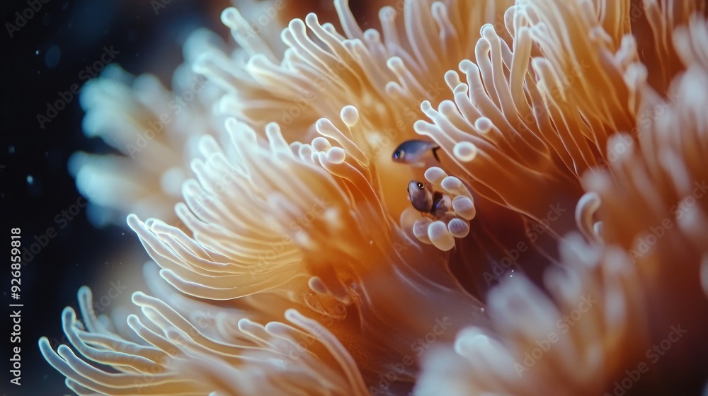 Close-up of a sea anemone swaying in the current, with small fish hiding among its tentacles Close-up of a sea anemone swaying in the current, with small fish hiding among its tentacles