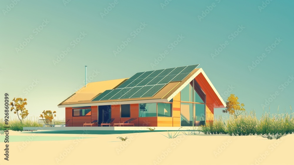 Obraz premium Modern, energy-efficient beach house with solar panels, wooden exterior, large windows, and scenic view against clear blue sky.