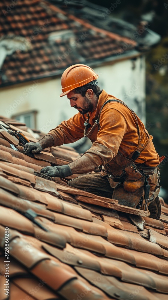 A master in a uniform and helmet repairs tiles on the roof of a house. Roofing, repair and reconstruction. A master in a uniform and helmet repairs tiles on the roof of a house. Roofing, repair and reconstruction.