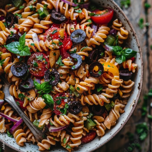 Wallpaper Mural Delicious Vegan Pasta Salad in Rustic Bowl, Close-Up Overhead View, Perfect for Food Bloggers Torontodigital.ca