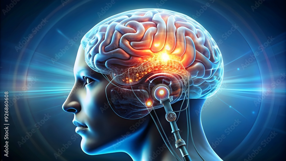 Obraz premium Futuristic brain implant technology concept, technology, futuristic, artificial intelligence, brain, implant