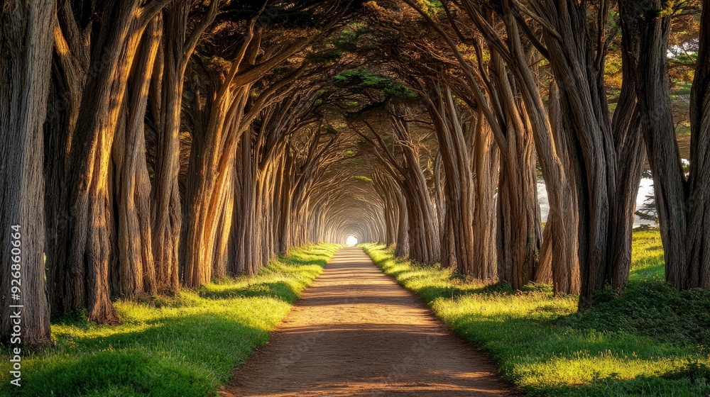 Fototapeta premium Forest trail lined with tall, straight trees, their branches forming a natural tunnel, and sunlight filtering through