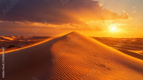 Golden light of dawn spreading across a desert landscape, illuminating the sand dunes in warm tones