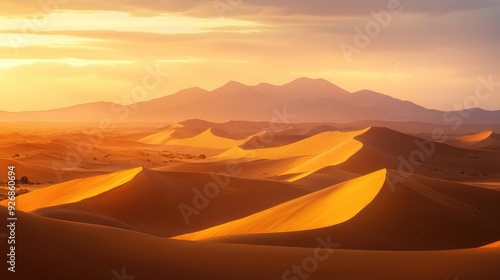 Golden light of dawn spreading across a desert landscape, illuminating the sand dunes in warm tones