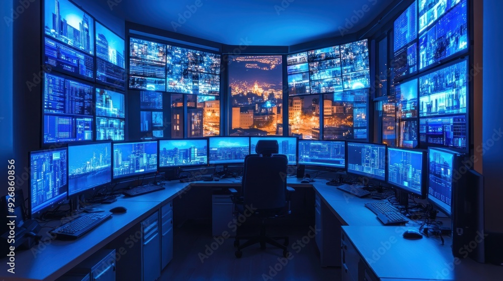 Fototapeta premium Control Room with Multiple Screens Showing City at Night