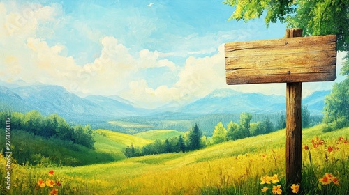 Hand-painted wooden sign hanging from a post, with vibrant colors and a scenic countryside background photo