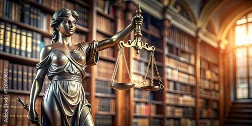 Statue of Justice holding scales and sword in a library setting, justice, statue, balance, law, legal, court, marble