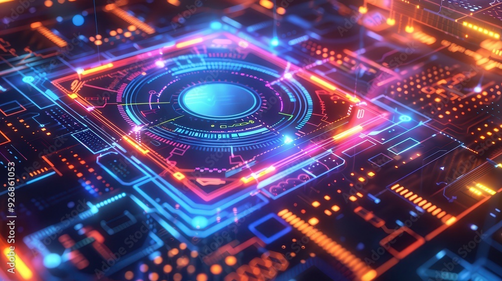 Futuristic digital circuit board with glowing neon lights, representing advanced technology and innovation in electronics industry. Futuristic digital circuit board with glowing neon lights, representing advanced technology and innovation in electronics industry.