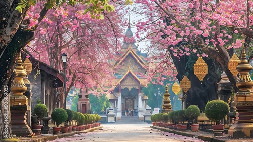 Buddhist temple with cherry blossom in Chiang Mai, Thailand