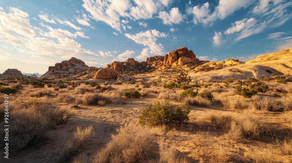 Naklejka premium Rocky outcrops in a desert, with scattered shrubs and a wide, open sky above, under the midday sun