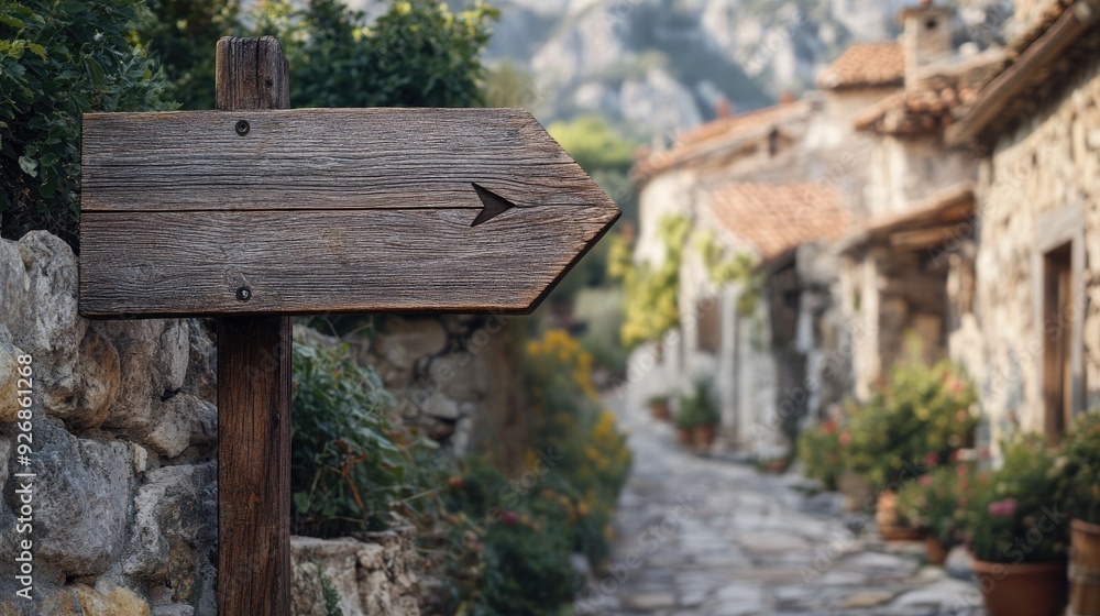 Rustic wooden sign with a directional arrow, mounted on a stone wall, with a quaint village in the background Rustic wooden sign with a directional arrow, mounted on a stone wall, with a quaint village in the background
