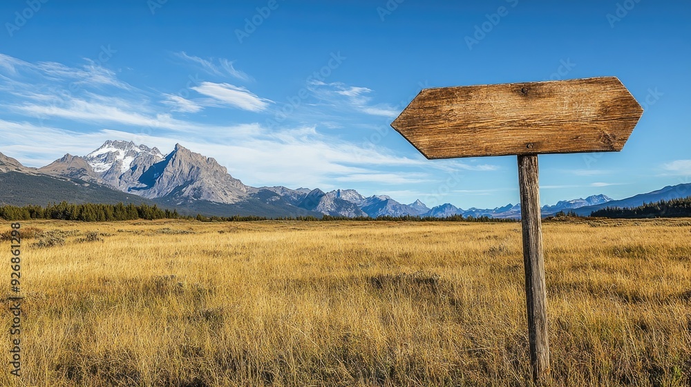 Rustic wooden sign with a directional arrow, standing in a meadow, with a clear blue sky and distant mountains Rustic wooden sign with a directional arrow, standing in a meadow, with a clear blue sky and distant mountains