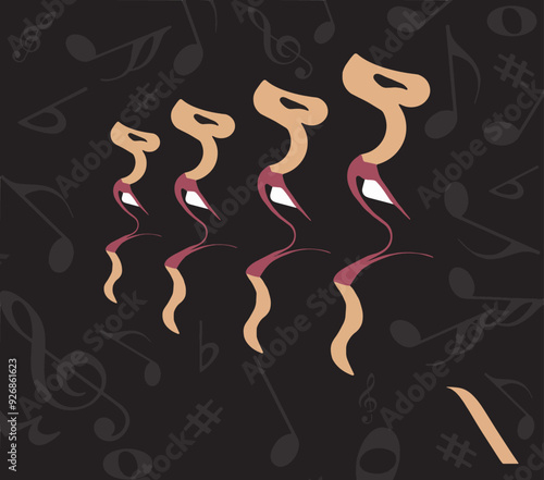 Women singing in a church choir are seen amid musical notes in a graphic minimalist styled vector.