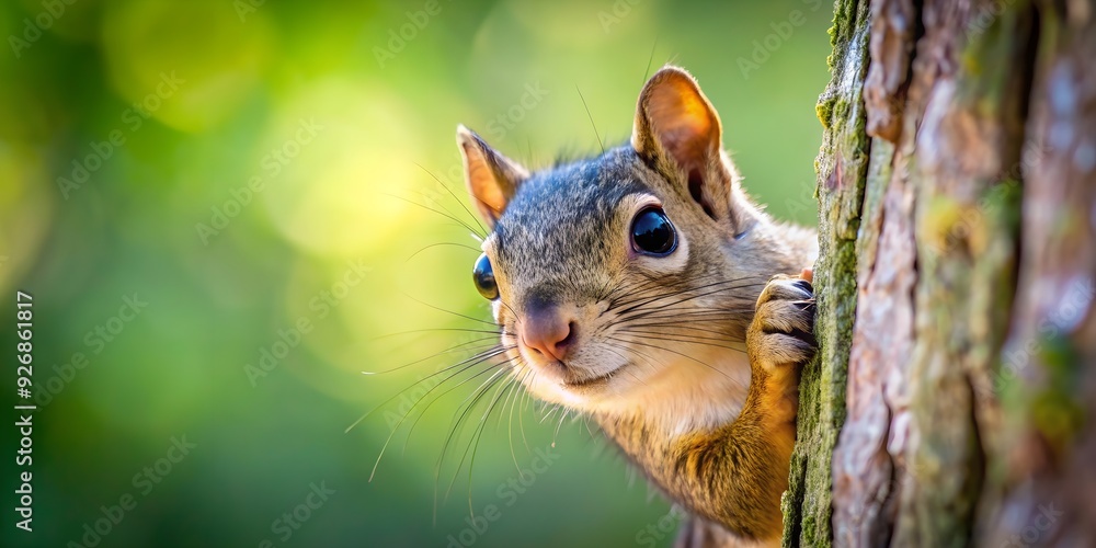 Obraz premium Curious squirrel peeking out from behind a tree , squirrel, curiosity, wildlife, nature, cute, furry, small, tree, hidden