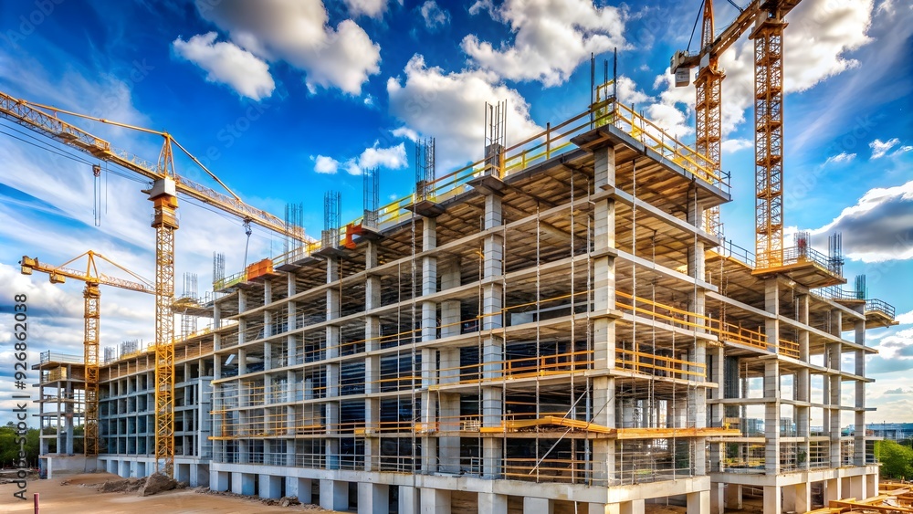 An unfinished building with cranes and scaffolding, construction, development, architecture An unfinished building with cranes and scaffolding, construction, development, architecture