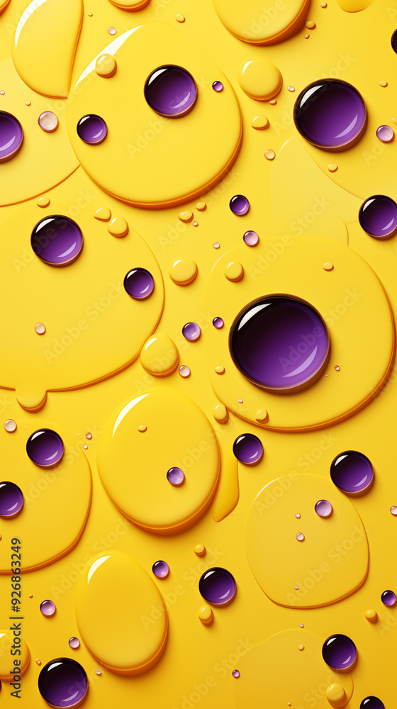 Fototapeta premium Purple Soap Bubbles on Yellow Background, Abstract Image, Texture, Pattern, Wallpaper, Cover and Screen of Smartphone, Cell Phone, Computer, Laptop, 9:16 and 16:9 Format