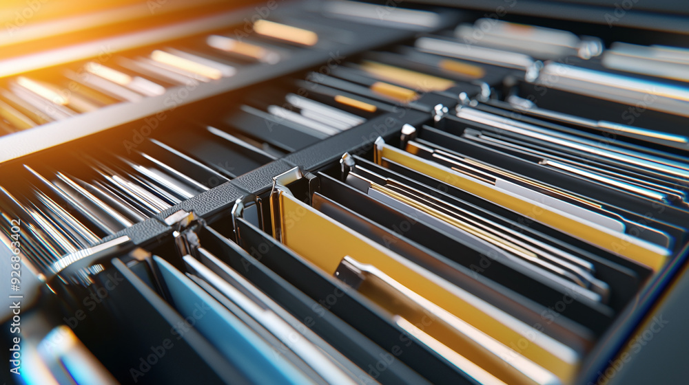 a sleek office document organizer displaying an array of files and folders arranged in precise rows a sleek office document organizer displaying an array of files and folders arranged in precise rows
