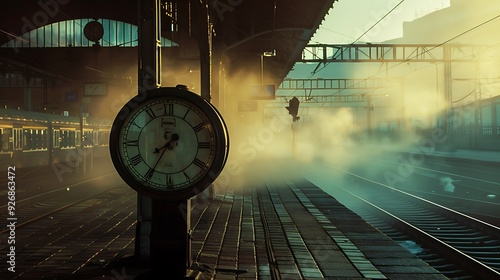Alarm clock on the platform of a railway station at sunset.