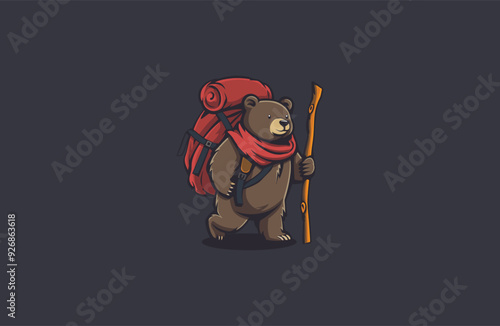 Bear wearing backpack. bear backpacker adventure logo apparel design vector illustration