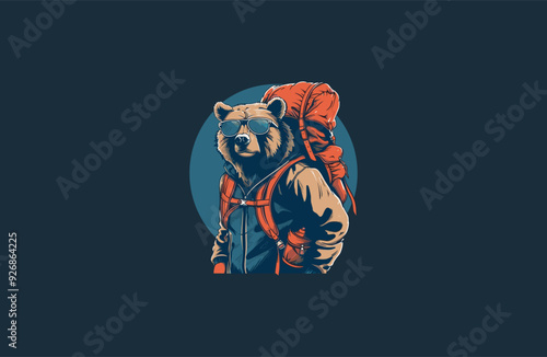 Bear wearing backpack. bear backpacker adventure logo apparel design vector illustration