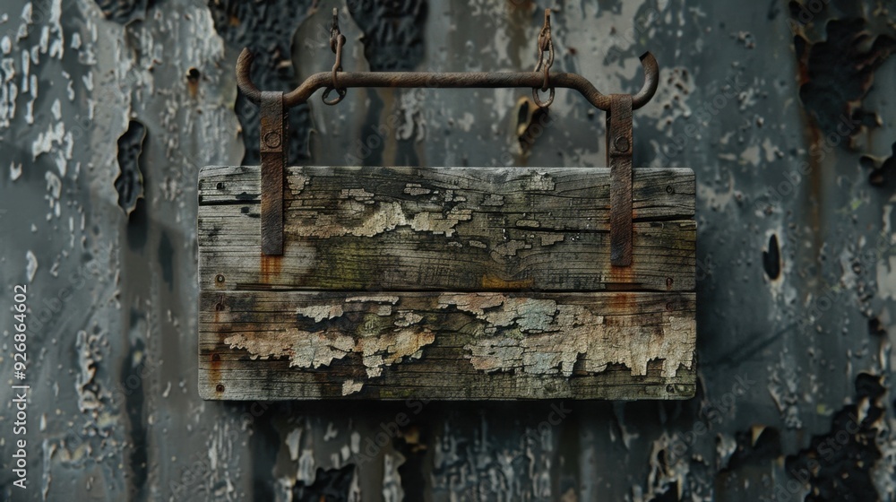 A rustic wooden sign hanging from a metal bracket, with peeling paint and a timeworn finish. A rustic wooden sign hanging from a metal bracket, with peeling paint and a timeworn finish.