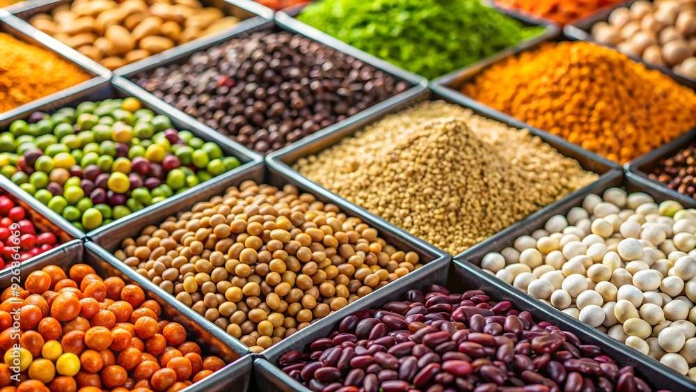 Closeup of various legume seeds including lentils, beans, and chickpeas displayed at a retail store , legumes, seeds Closeup of various legume seeds including lentils, beans, and chickpeas displayed at a retail store , legumes, seeds