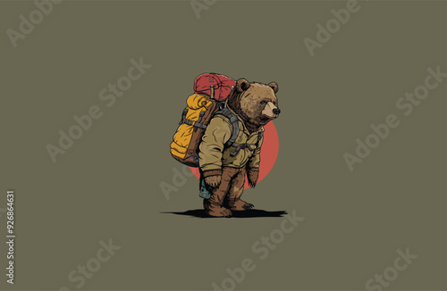 Bear wearing backpack. bear backpacker adventure logo apparel design vector illustration