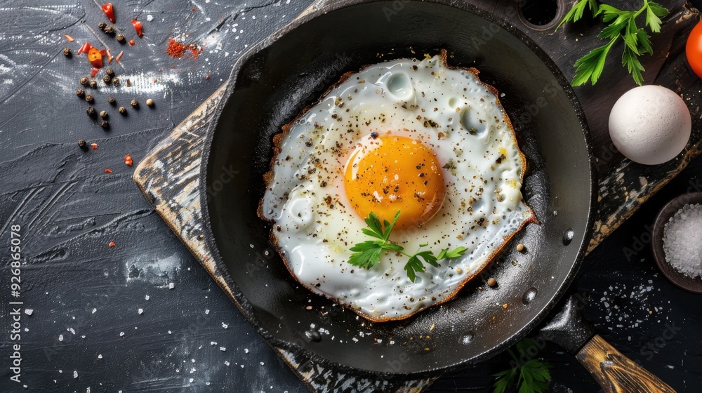 A skillet with a perfectly round fried egg, sprinkled with salt and pepper. A skillet with a perfectly round fried egg, sprinkled with salt and pepper.