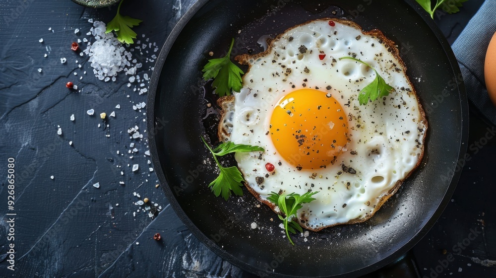 A skillet with a perfectly round fried egg, sprinkled with salt and pepper. A skillet with a perfectly round fried egg, sprinkled with salt and pepper.