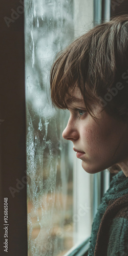 Sad person gazing out of a window photo