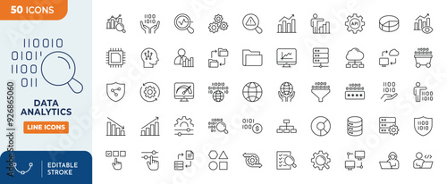 Data Analytics Line Editable Icons set. Contain icons related to database, statistics, server, network, big data, data processing, data mining, and more. Editable stroke. Vector illustration	
