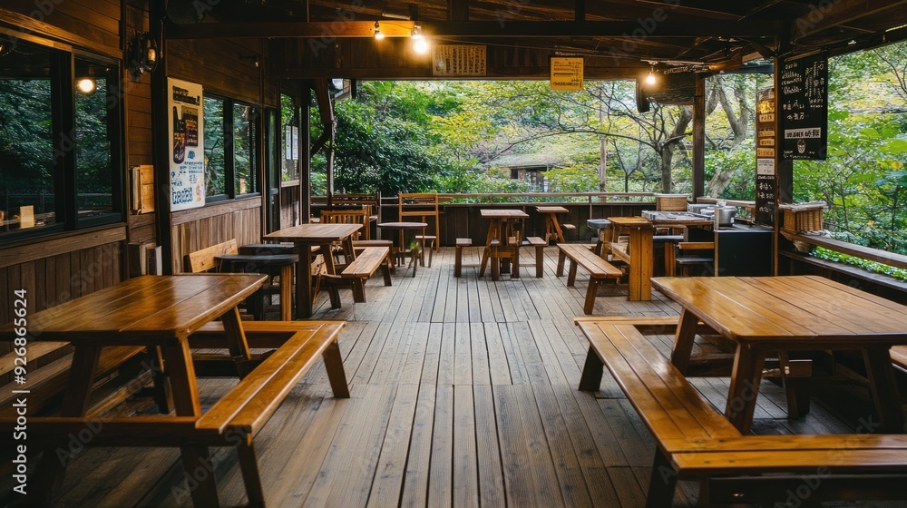 Fototapeta premium Wooden Terrace Restaurant with Tables and Benches