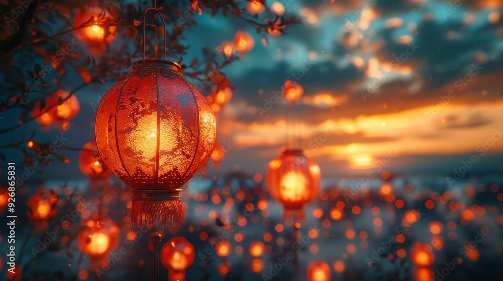 Illuminated Red Lanterns Hanging in a Tree at Sunset Illuminated Red Lanterns Hanging in a Tree at Sunset