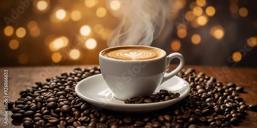 Steaming Latte with Heart-Shaped Art in White Ceramic Cup on Roasted Coffee Beans