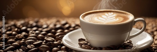 Steaming Latte with Heart-Shaped Art in White Ceramic Cup on Roasted Coffee Beans photo