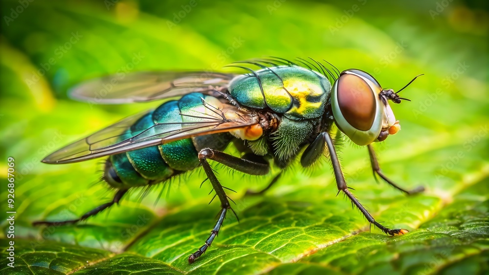 Compost fly resting on a vibrant green leaf, compost, fly, green leaf, nature, macro, insect, close-up Compost fly resting on a vibrant green leaf, compost, fly, green leaf, nature, macro, insect, close-up