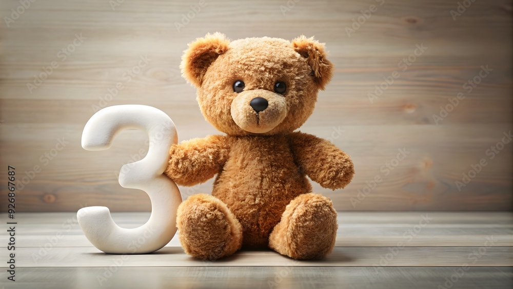 Obraz premium Adorable teddy bear in the shape of the number 3 , teddy bear, cute, alphabet, number, plush, toy, soft, adorable, child, play