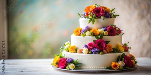 Wedding cake adorned with colorful flowers, wedding, cake, flowers, celebration, dessert, floral, elegant, marriage