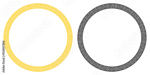 Chinese circle, circle window, Chinese style, Set of circular Greek key pattern frames in gold and black colors. Traditional meander border design for decoration, vintage ornaments, invitations