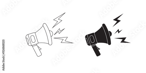 Megaphone icons set. Electric megaphone symbol with sound. Loudspeaker megaphone icon collection. Advertising concept. Flat and line style