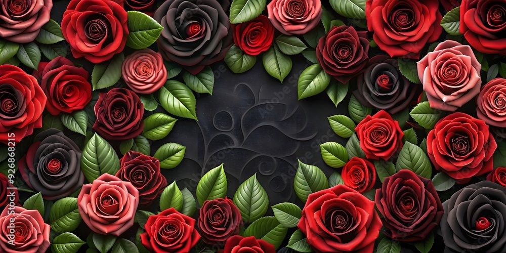 Beautiful background of red and black roses with rose leaves , elegant, romantic, floral, backdrop, design, pattern Beautiful background of red and black roses with rose leaves , elegant, romantic, floral, backdrop, design, pattern