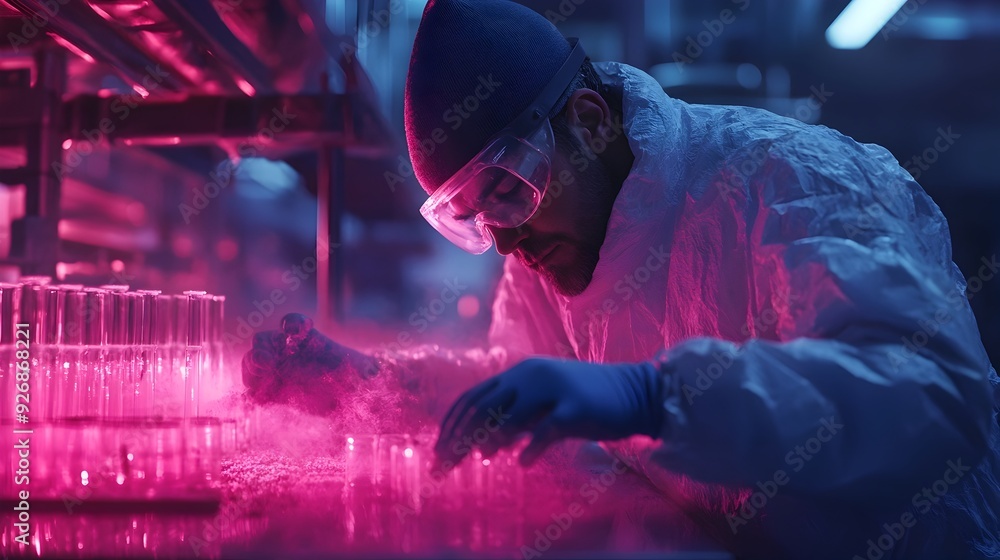 Scientist Examines Precursor Decomposition at High Temperatures in 3D Rendered Laboratory Setting Scientist Examines Precursor Decomposition at High Temperatures in 3D Rendered Laboratory Setting