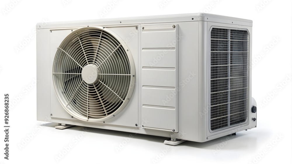 External air conditioner unit with compressor on a white background, split system, cooling unit External air conditioner unit with compressor on a white background, split system, cooling unit
