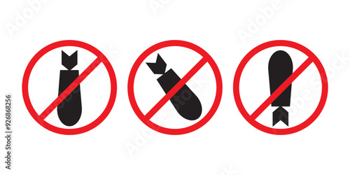 Silhouettes of drone and bomb is crossed out in red forbidding circle. Stop war, anti-war icons. Motivational graphic design. Pacific and peace signs isolated on white background.