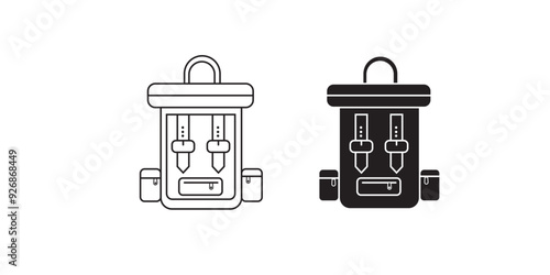 Retro hiking backpack in flat design. Tourist rucksack with sleeping bag. Camping backpack vector illustration. Hiking bag icon.